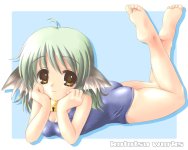 Konachan.com - 6255 ass bell catgirl feet green_hair swimsuit yellow_eyes.jpg