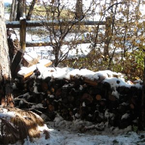 Wood pile covered in snow.