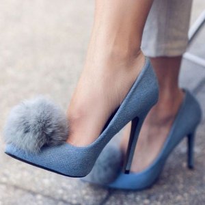 4 inch heels blue denim pom pom heels pointy toe pumps 1