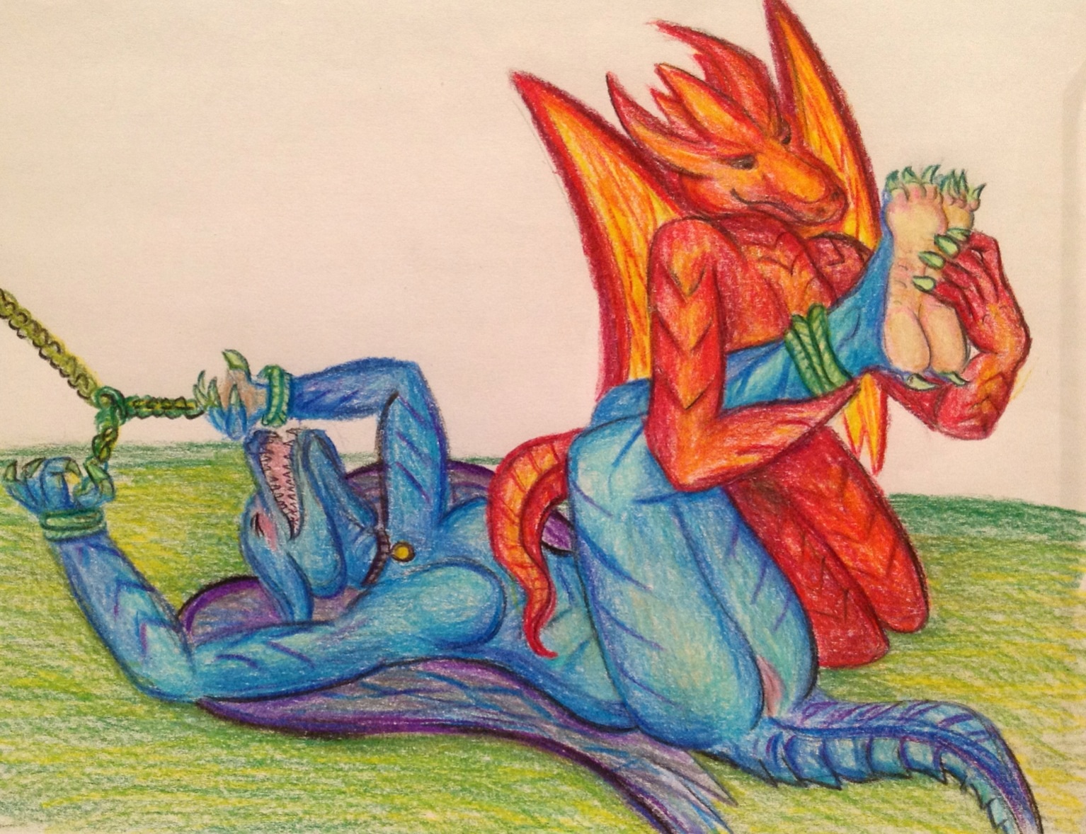 Colored pencil ; red anthro dragon tickles blue.