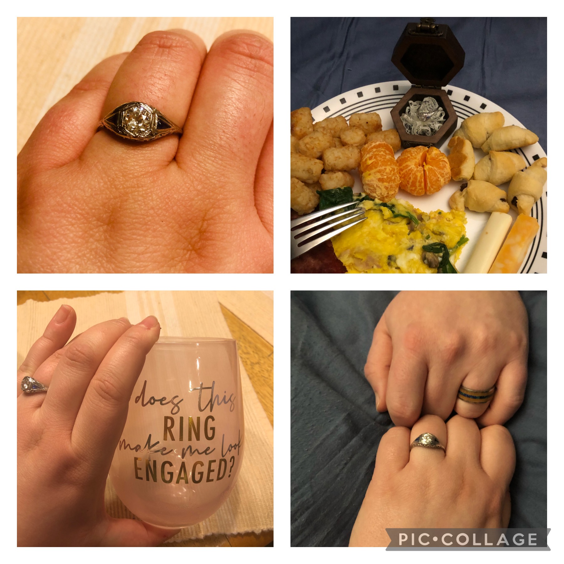 Daniel proposed (back) to me on Valentine’s Day 2021 with breakfast in bed. Ring is antique vintage from 1920’s.