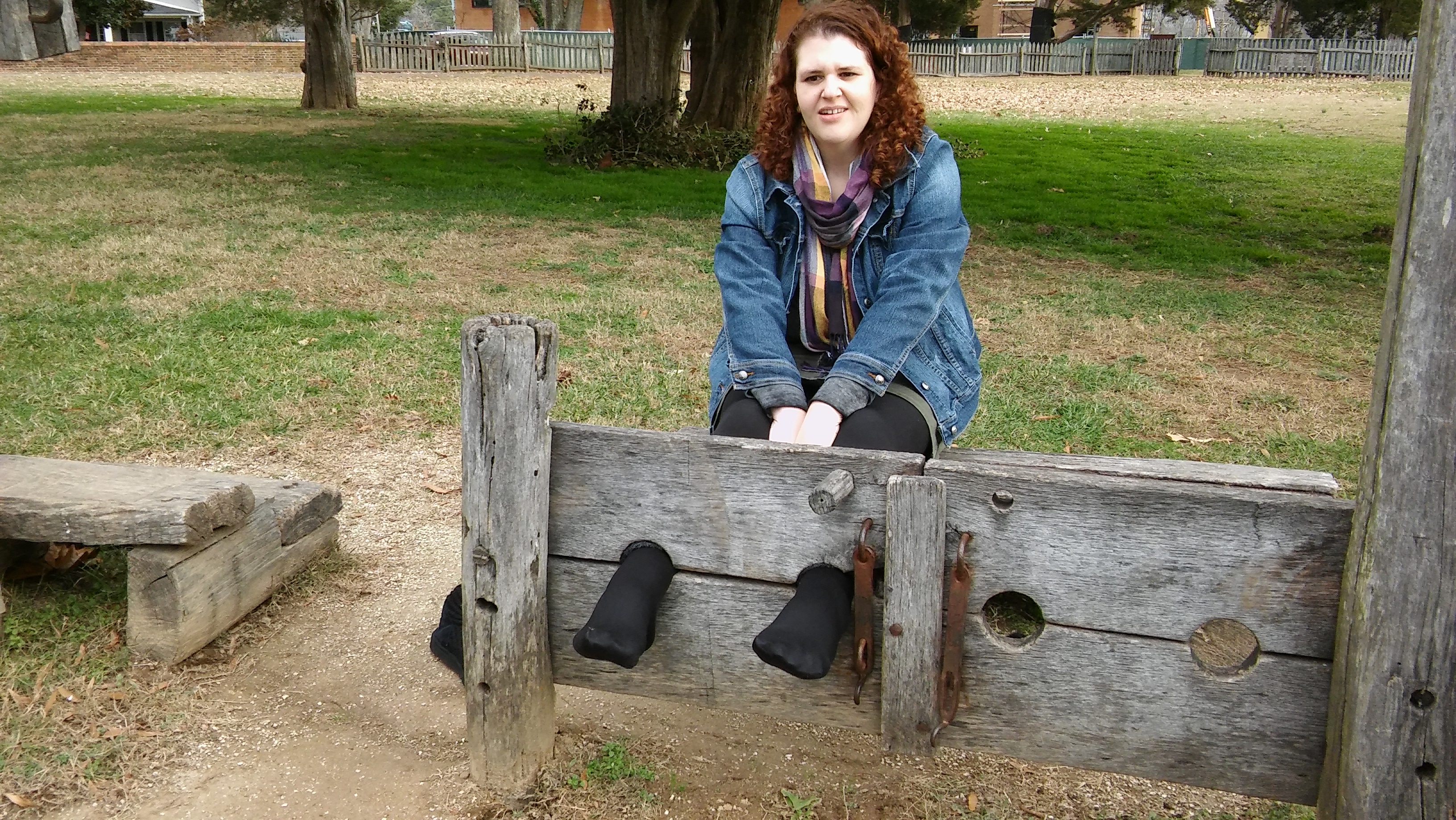 Helpless in the stocks in tights