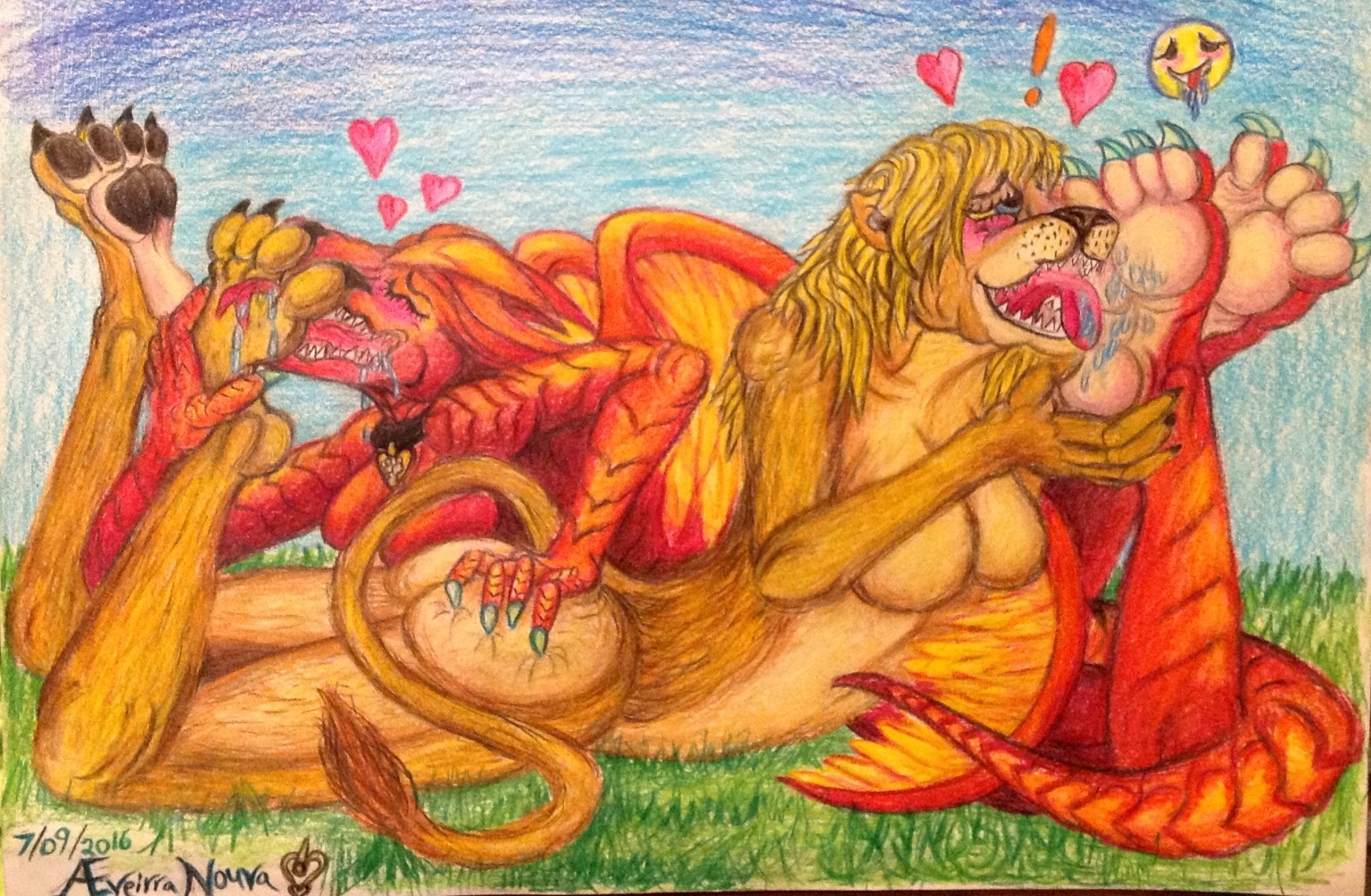 Kara(red Dragon) and Leona (lioness) are showing their love for each others' feet with their tongues <3