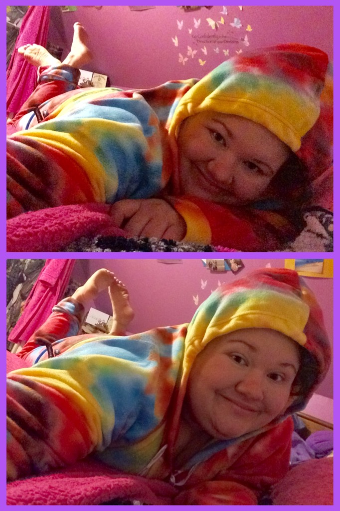 My tye dye onesie is finally here and I feel like a comfy cozy snow bunny!!! :) with cute exposed ticklish feet! :P