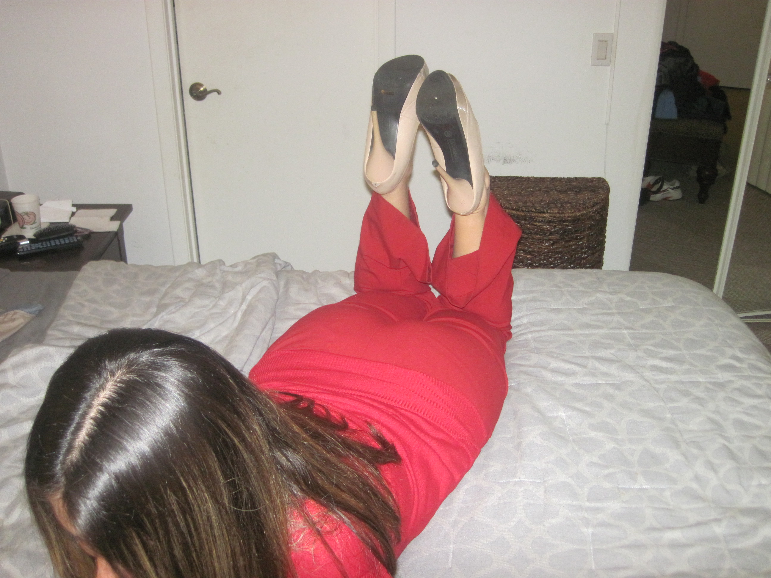 Wife' on bed waiting for me to take off her high heels and tickle and massage her sexy feet!