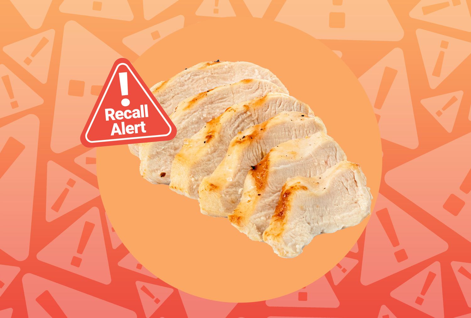 a photo of cooked sliced chicken with the recall alert badge